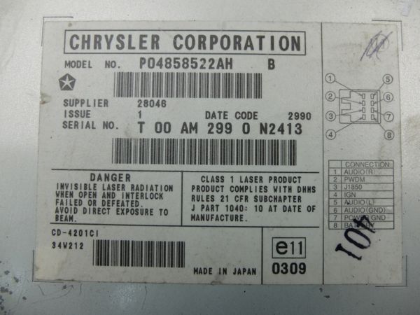 Zmieniarka Płyt Cd Chrysler Dodge Jeep P04858522AH CD-4201CI
