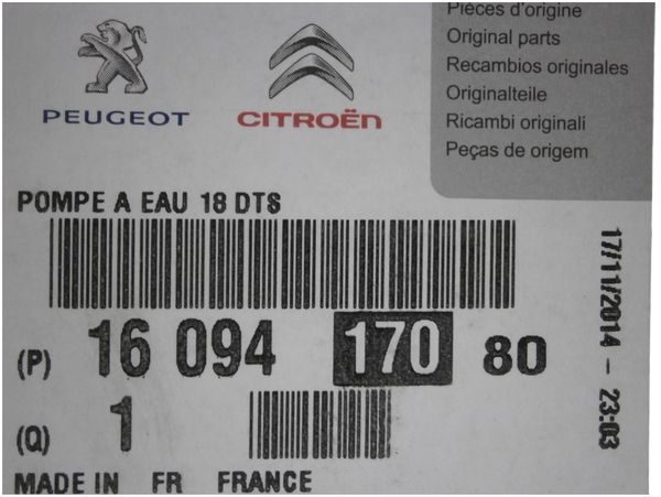 Pompa Wody Citroen Peugeot 1.4 18 Zębów 1609417080 Oryginał
