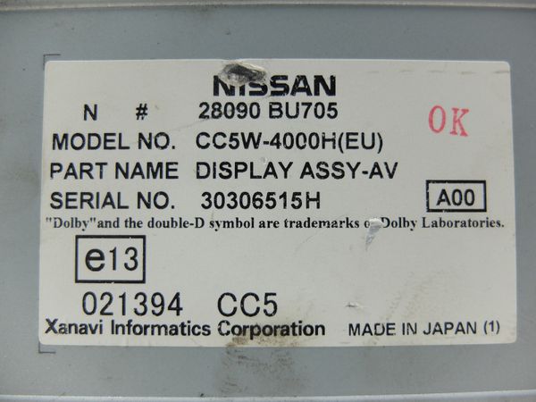 Wyświetlacz Nawigacji Nissan Almera 28090BU705 CC5W-400H