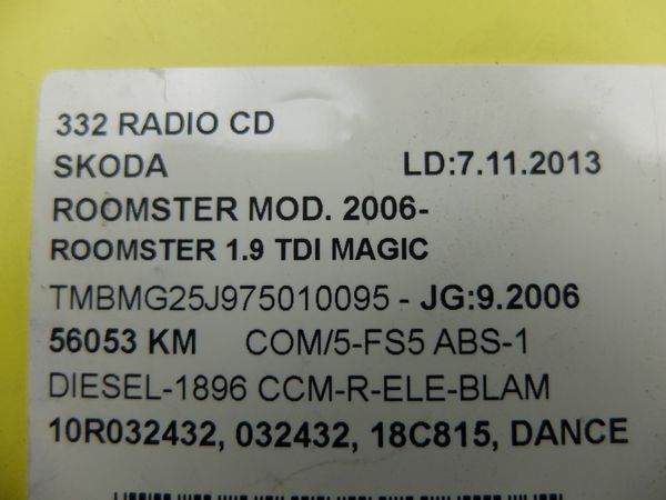 Radio Cd Skoda Roomster 5J0035161 VP6SBF-18C815-AE Dance