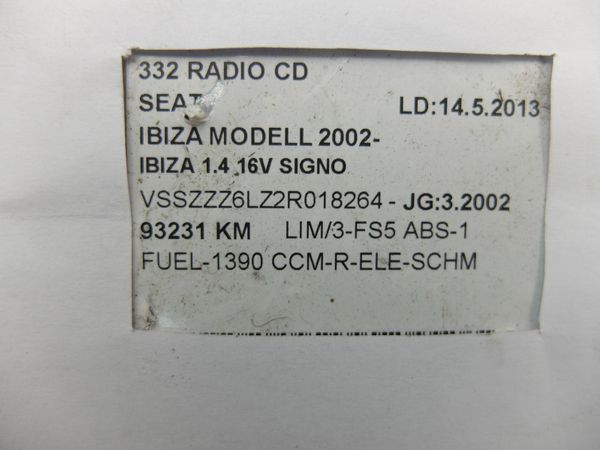 Radio Cd Seat Ibiza 6L0035156 9.18428-81 ALANA